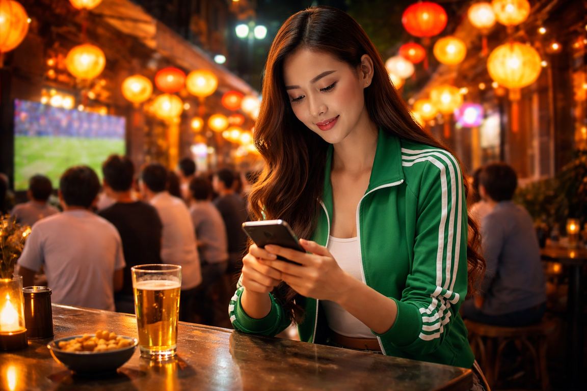 Người hâm mộ Hà Nội theo dõi kèo bóng đá dưới ánh đèn lồng về đêm với ffh4x